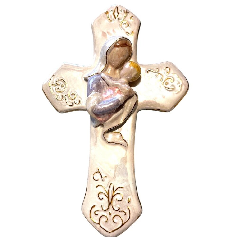 Vintage Iridescent Mother & Child Cross Wall Hanging Gold Accents 10"